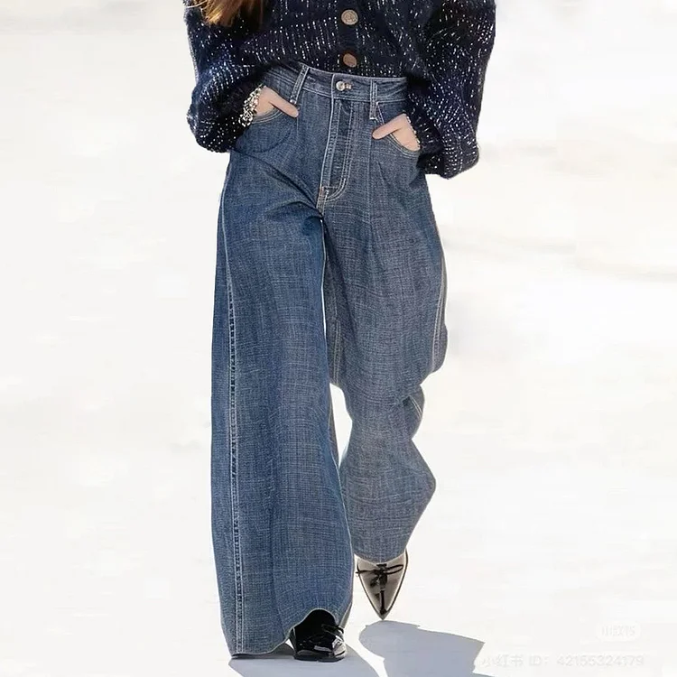 Casual High Waist Pocket Denim Wide Leg Jeans
