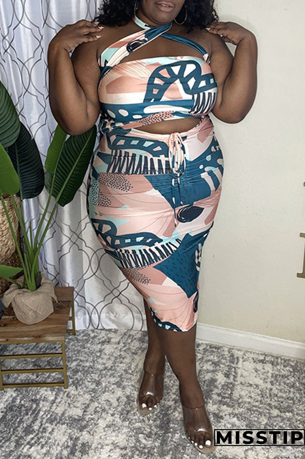 Blue Fashion Sexy Print Backless Halter Plus Size Two Pieces