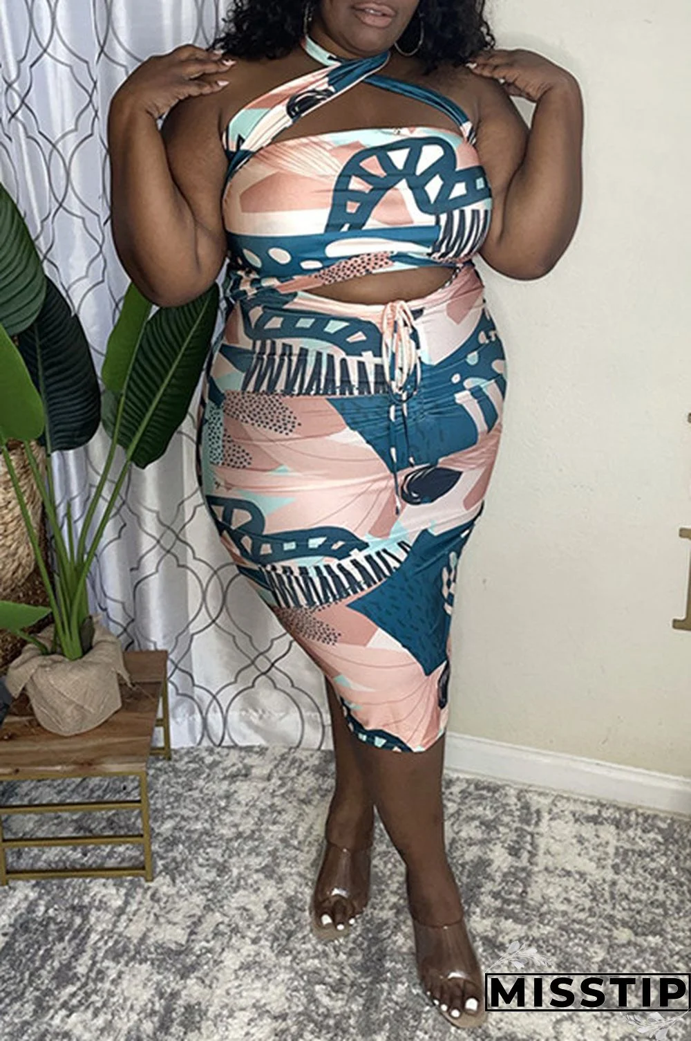 Blue Fashion Sexy Print Backless Halter Plus Size Two Pieces