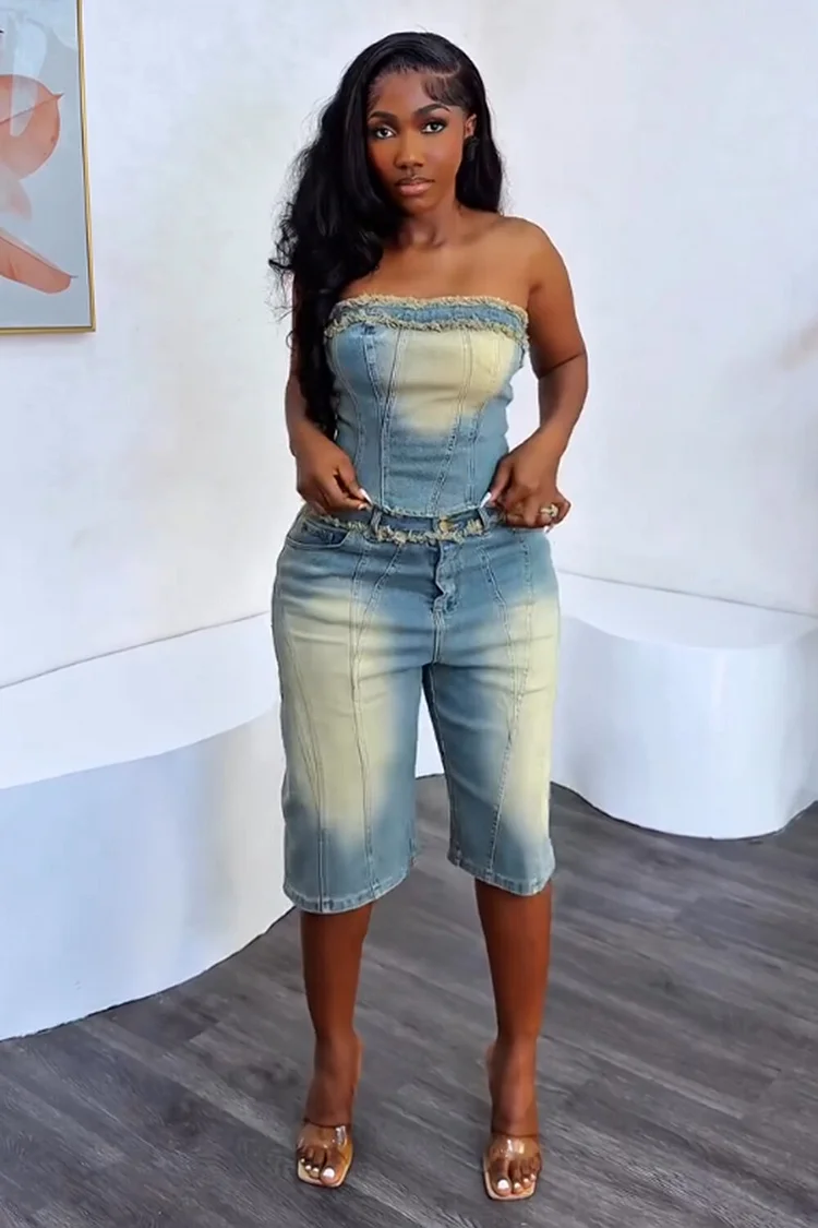 Frayed Denim Tube Top Washed Crop Jeans Daily 2pcs Set-Blue
