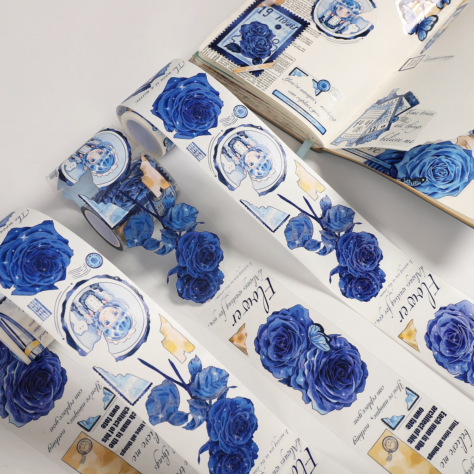 저널세이 60mm*500cm 블루 로즈 시리즈 빈티지 플라워 스페셜 오일 PET 와시 테이프