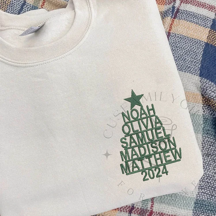 Personalized Christmas Family Name Tree Embroidered Sweatshirt