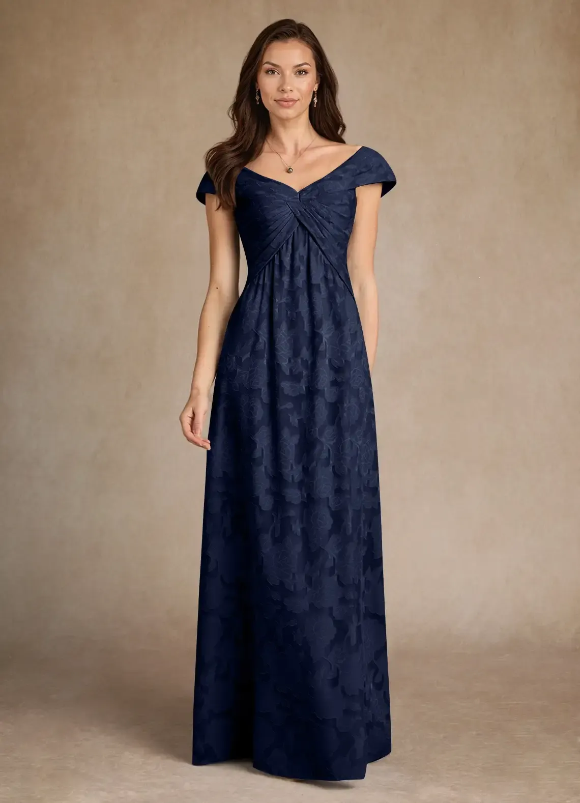Lussooy Stunning V Neck Printing Pleated Short Sleeves Floor Length Mother of The Bride Dress 