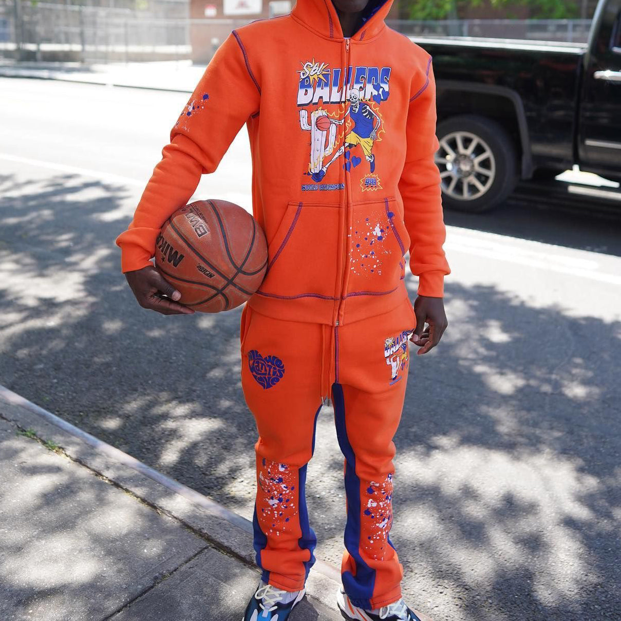 Skull Basketball Print Hoodie Sweatpants Two Piece Set