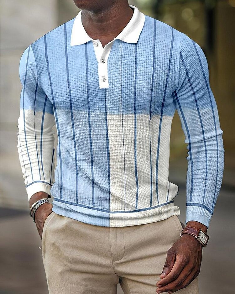 Long Sleeve Retro Blue Gradient Striped Men's Polo Shirt