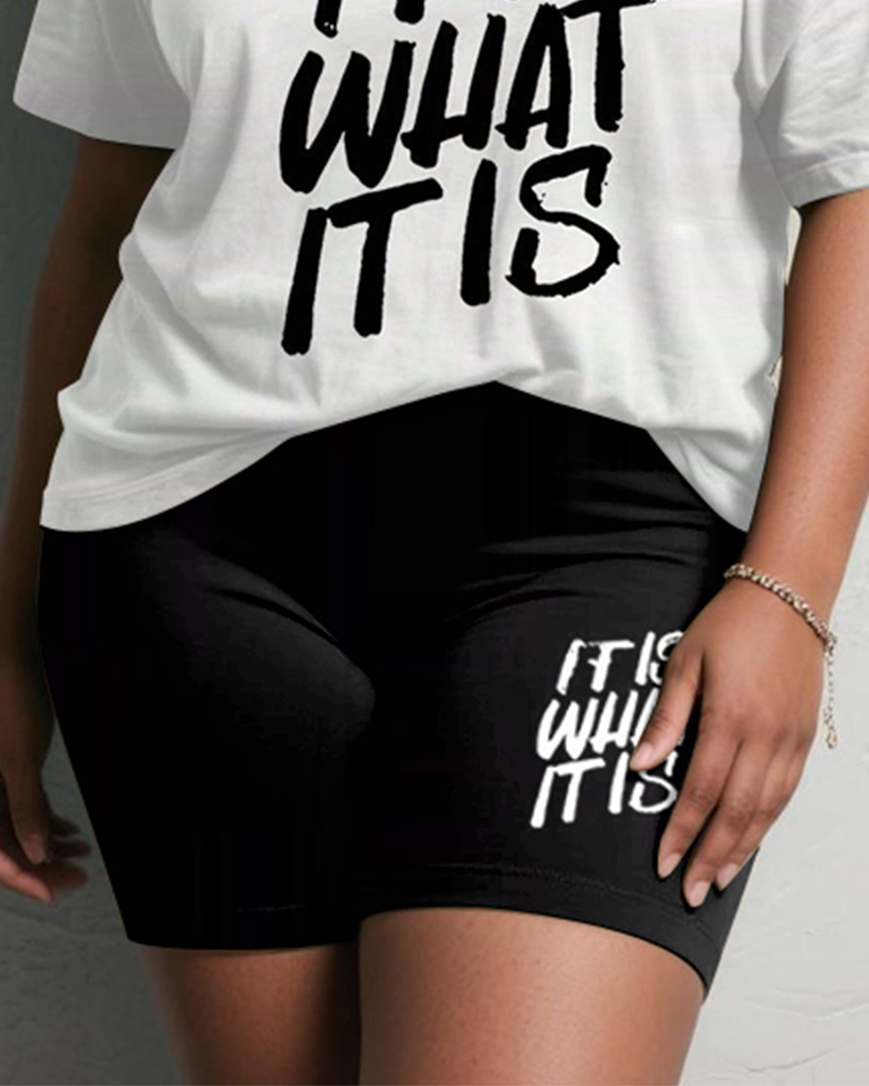 Women's Plus Size Daily Casual It Is What It Is Alphabet Print Short Sleeve Shorts Suit