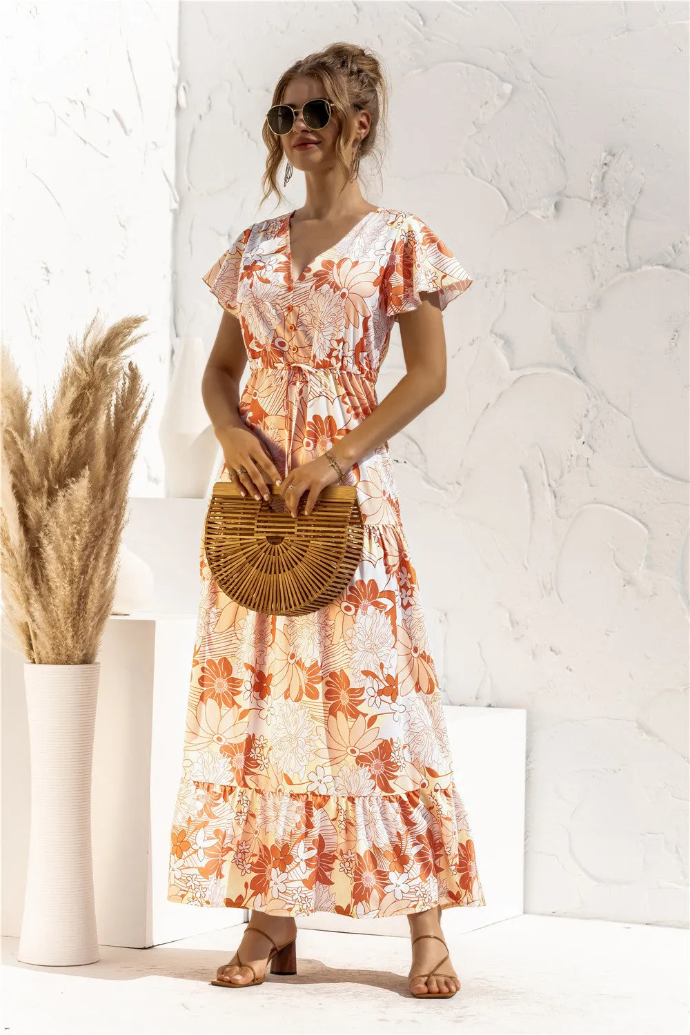 V-neck Flower Print Lace Button Dress