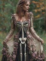 Vintage Skeleton Floral Fiber Art Flowy Linen Maxi Dress