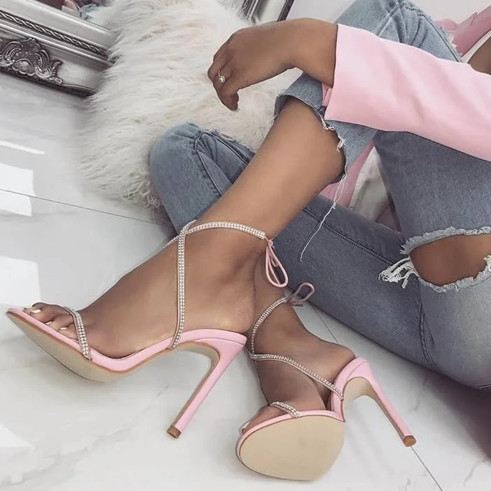 Pink Stiletto Heels Rhinestone Cross Over Strap Fashion Sandals |FSJ Shoes