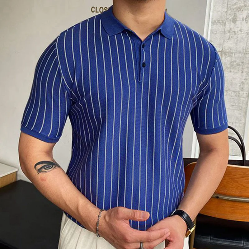 Uveng Uveng Men's Summer New Striped Knit Dresses Short Sleeves Clip Business Polo Shirtsy0155