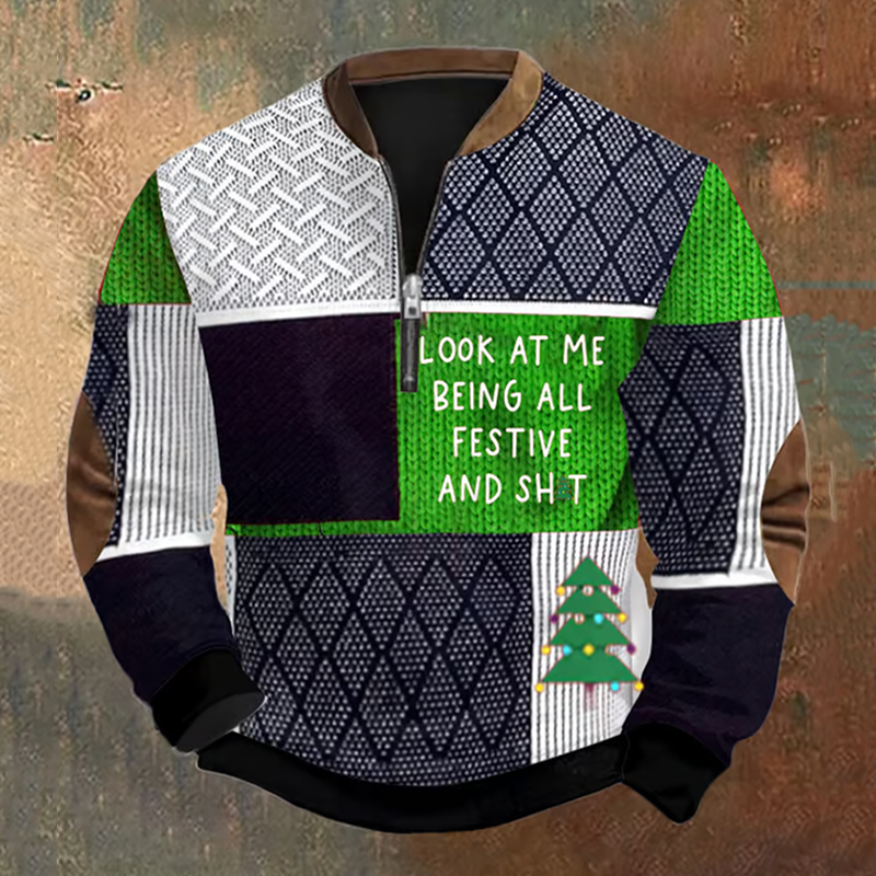 Comstylish Men's Vintage Patchwork Expression Look At Me Being All Festive And Shit Print Sweatshirt