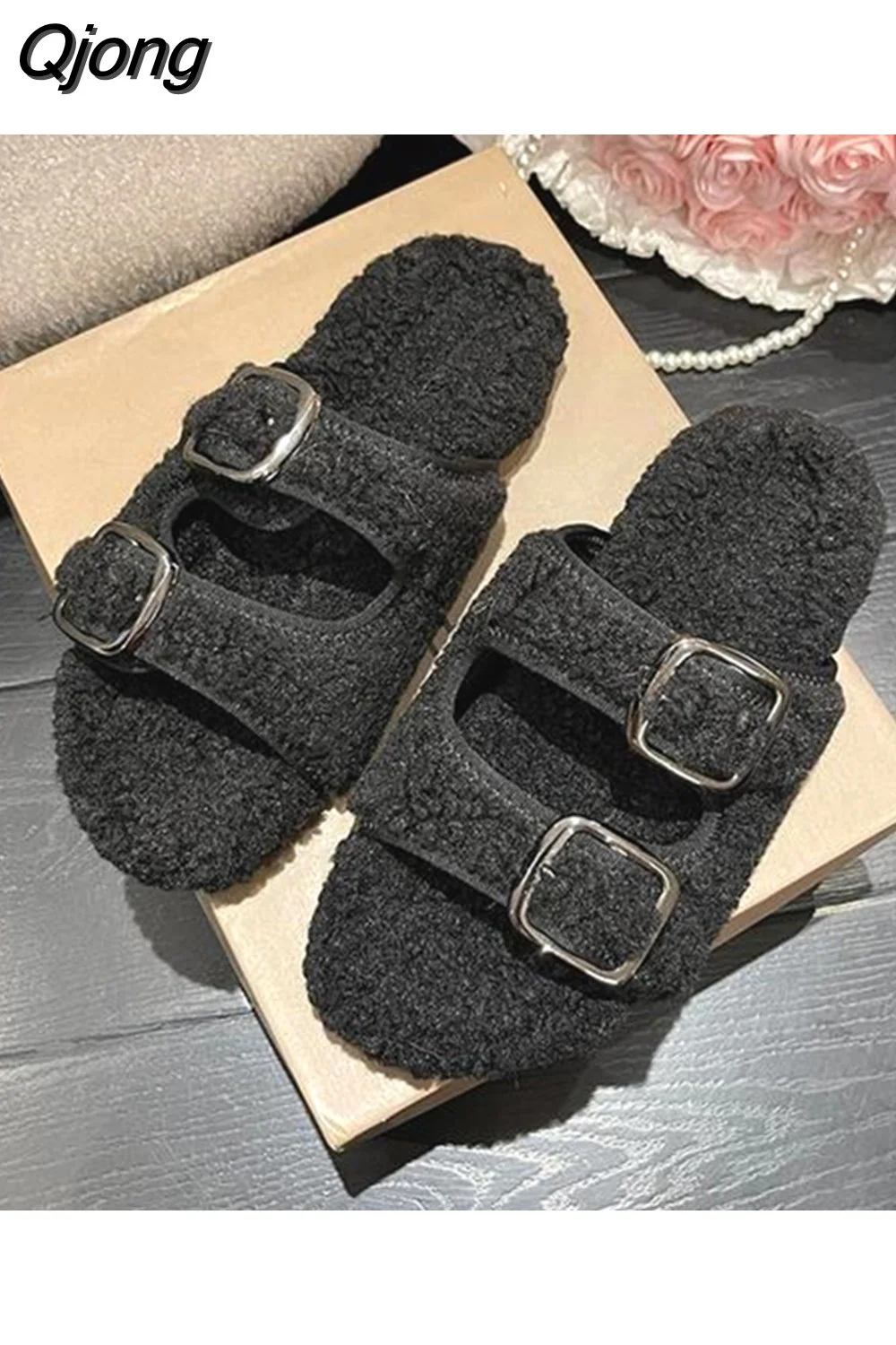 Qjong Shoes Luxury Sandals Summer Heels Espadrilles Platform Buckle Strap Suede Fashion Girls Outside Low High Fur Clogs Slippe