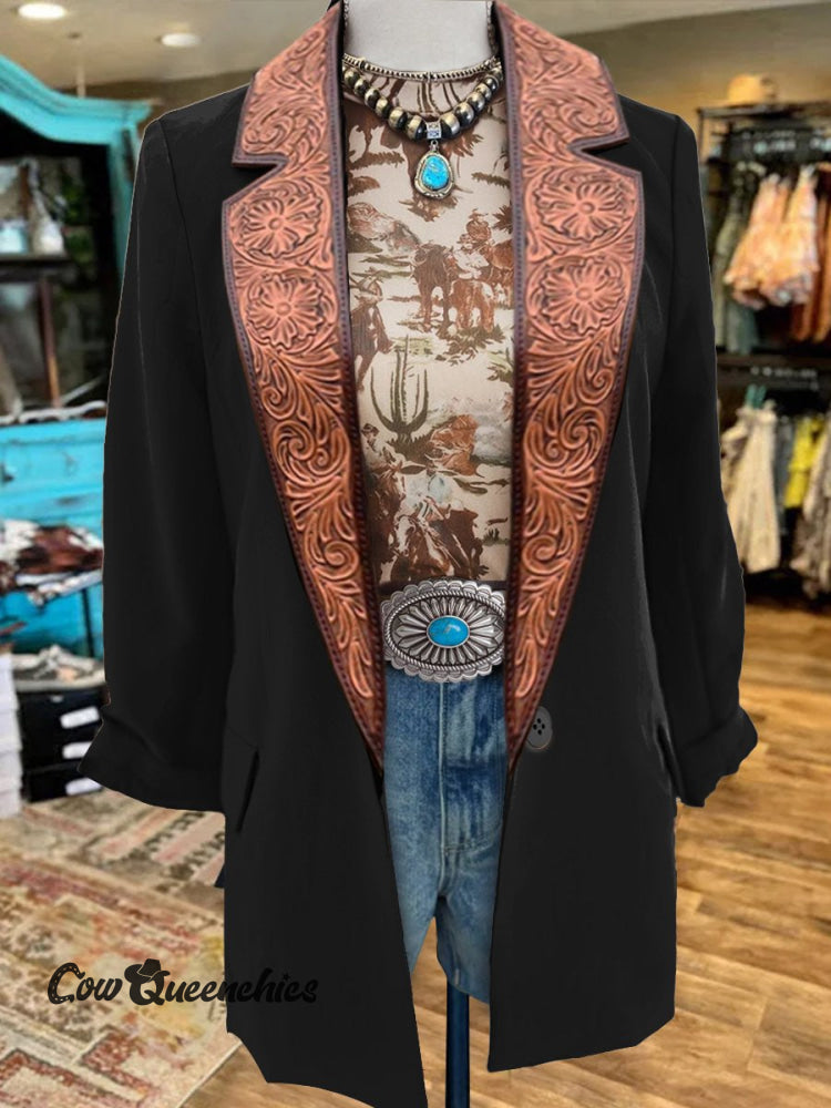 Women’s Vintage Western Floral Print Casual Blazer Black / S
