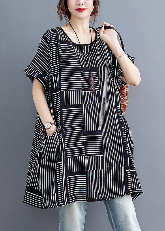 VCSHOES Black Striped PatchworkLinen T Shirt Short Sleeve