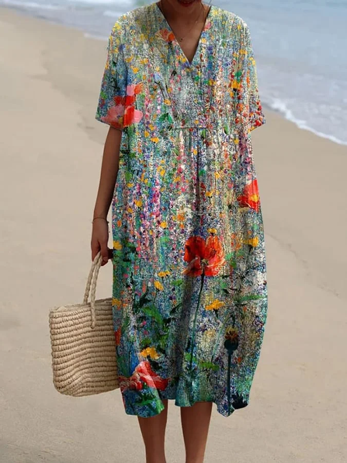 Womens Vintage Floral Art Print Casual Flowy Dress