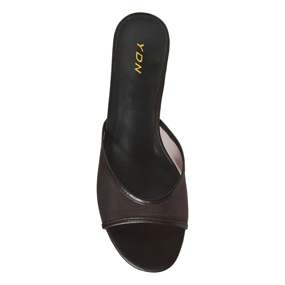 Mesh Open Round Toe Mule Kitten Heel Slides Shoes in Black