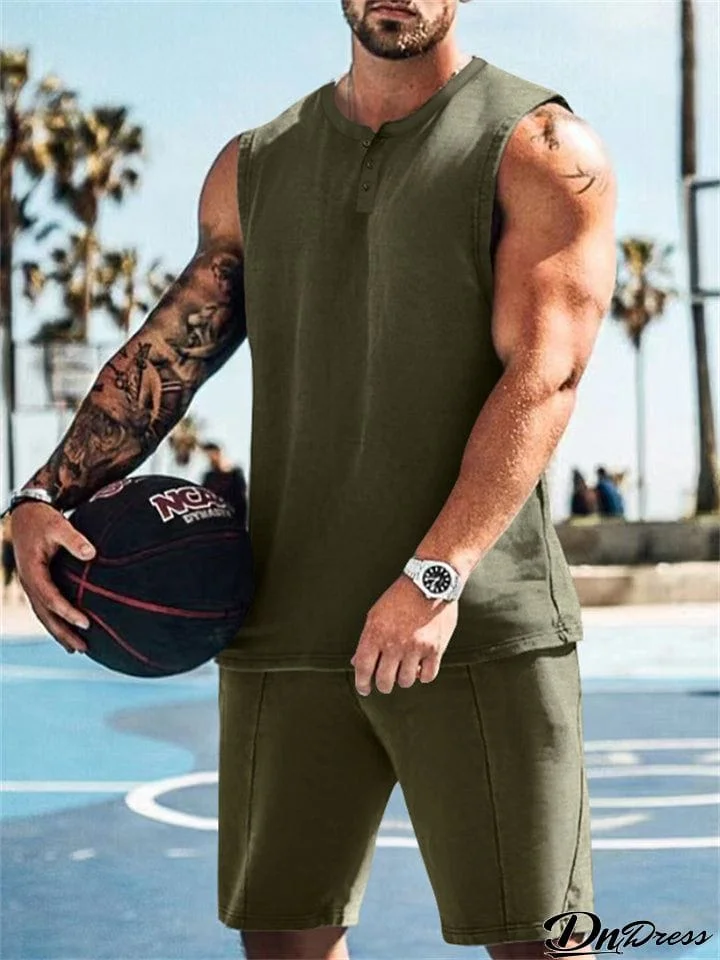 Trendy Henley Vest Shorts Men's Solid Sports Two-piece Suit