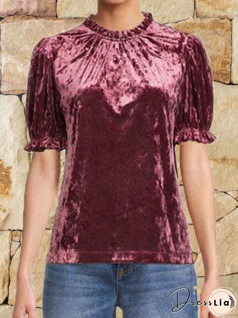 Red Puff Sleeve Velvet Shirt