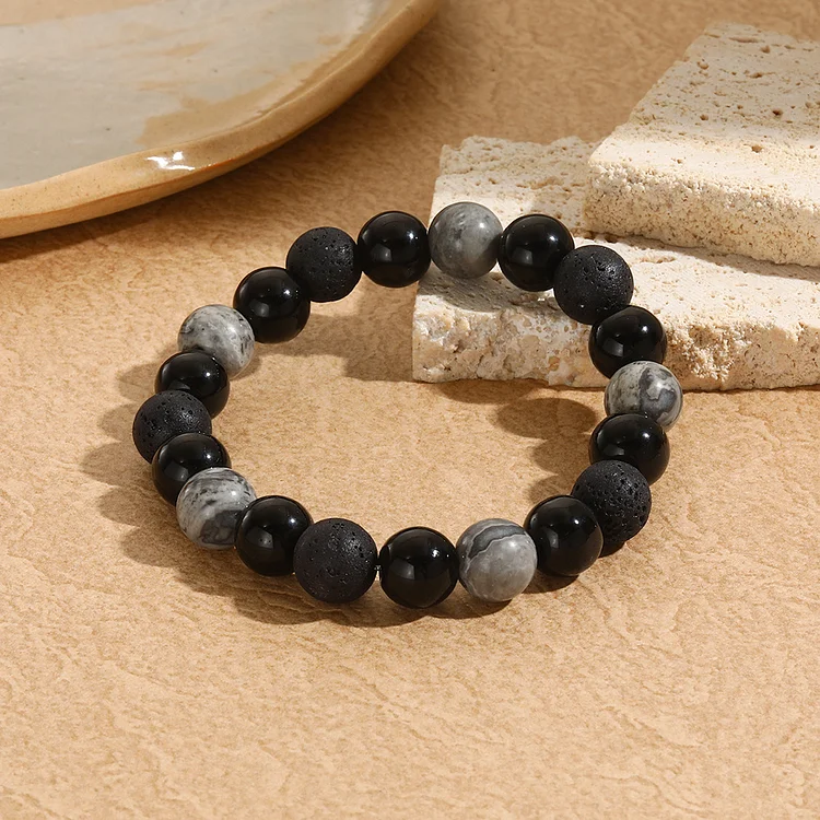 Olivenorma 10mm Black Onyx Grey Jasper Lava Stone Bracelet