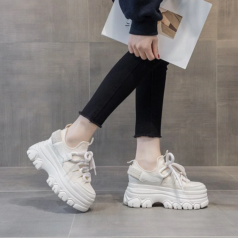 Fujin 9cm Platform Wedge Sneakers Genuine Leather Women Shoes Chunky Sneakers for Female Spring Autumn Warm Fur Winter Shoes