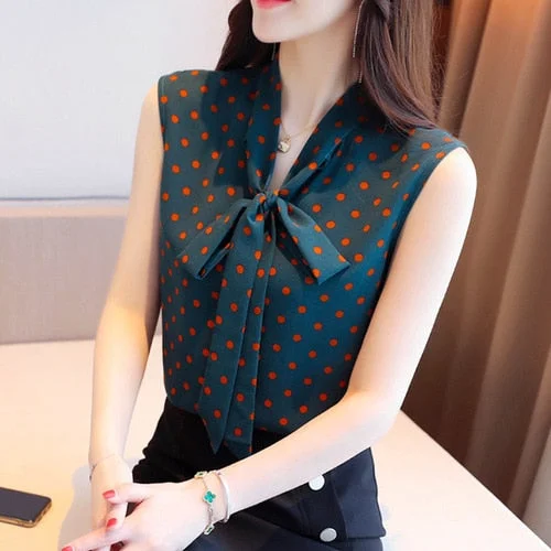 Korean Style Women Sleeveless Tops Spring Summer New Polka Dot Elegant Bow Chiffon Blouse Casual Women Clothing Blusas 9459