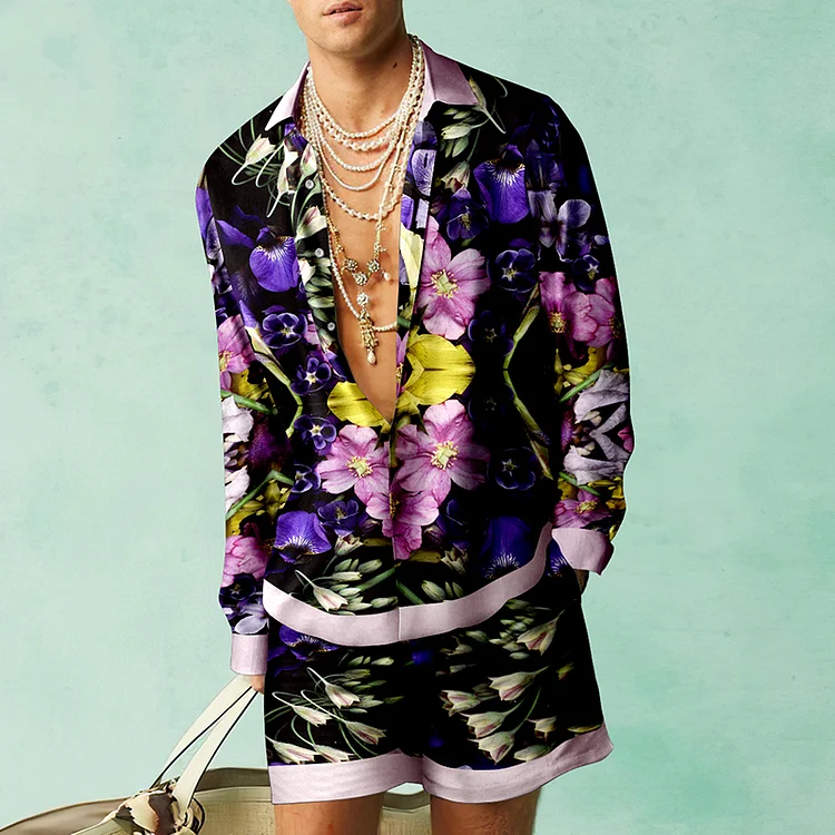 BrosWear Luxury Flower Purple Print Shirt And Shorts Co-Ord