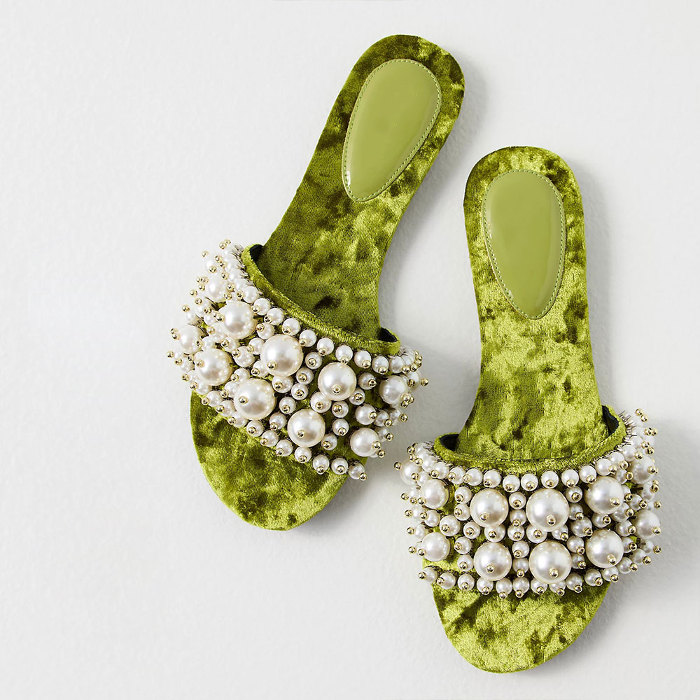 Green Velvet Round Toe Flat Pearl Slide Sandals Nicepairs