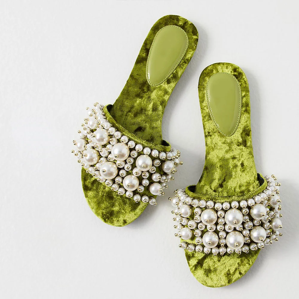 Green Velvet Opened Round Toe Rhinestone and Pearl Embellished Strappy Flat Mules Nicepairs