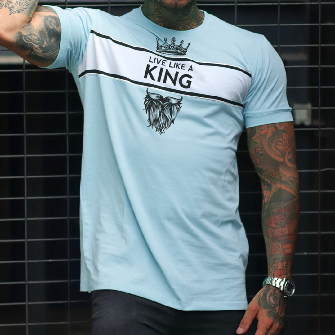 Men's Fashion Live Like A King Print Color Matching Casual Slim Fit Short Sleeve T-Shirt