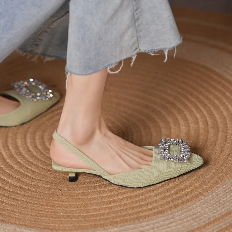 Summer New Style Fashion Women's Shoes Black Satin Crystal Strass Pointy Toe Stiletto Stripper Slingback High Heels Sandals