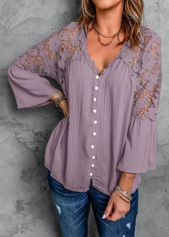 Bohemian Purple V Neck Ruffled Patchwork Hollow Out Chiffon Shirt Spring