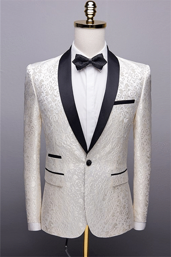 Bellasprom White Jacquard One Button Wedding Tuexdos Black Shawl Lapel Men Suits Bellasprom