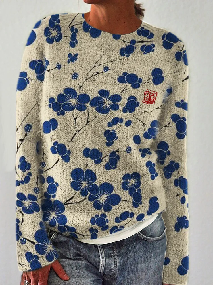 Cherry Blossom Japanese Lino Art Cozy Sweater