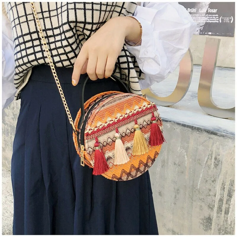Brand New Boho Vintage Beach Straw Women Shoulder Bag Tassel Round Handbag Rattan Basket Ladies Crossbody Shoulder Storage Bag