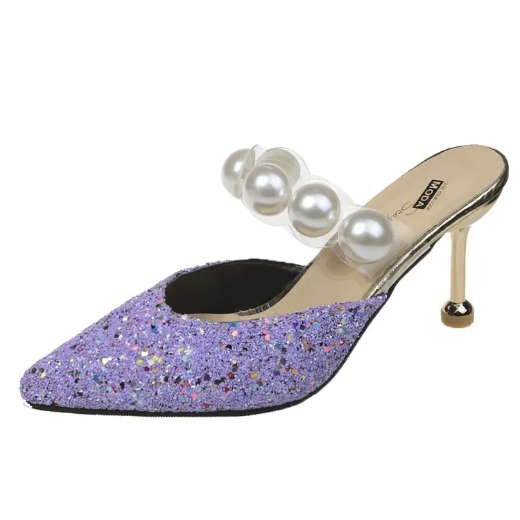 34-40 Pearl Black Sandals Women Summer Autumn Shoes Woman Thin Heels 2022 Womens Outdoor High Heels Woman Mules