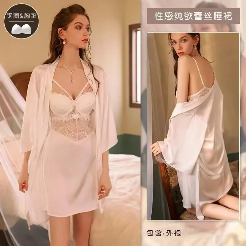 Brownm New Home Net Red Pyjale Sex Dress Sex Suit Deep V Sexy Lace Perspective Sling With Pajamas Open Fork Woman Seduction Summer