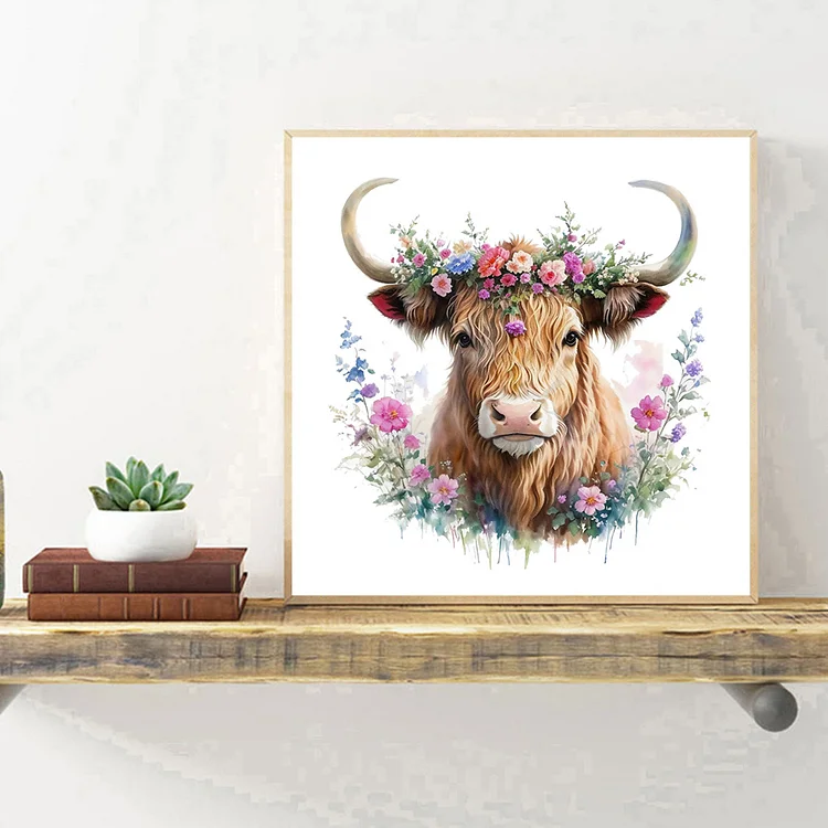 Highland Cow with Flowers Diamond Painting Kits Full Drill – OLOEE