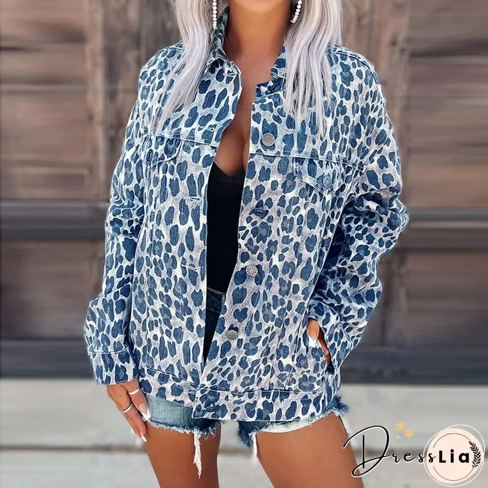 Fashion Leopard Printed Loose Jackets Women Elegant Turn-down Collar Button Outerwear Autumn Winter Casual Long Sleeve Coats Top