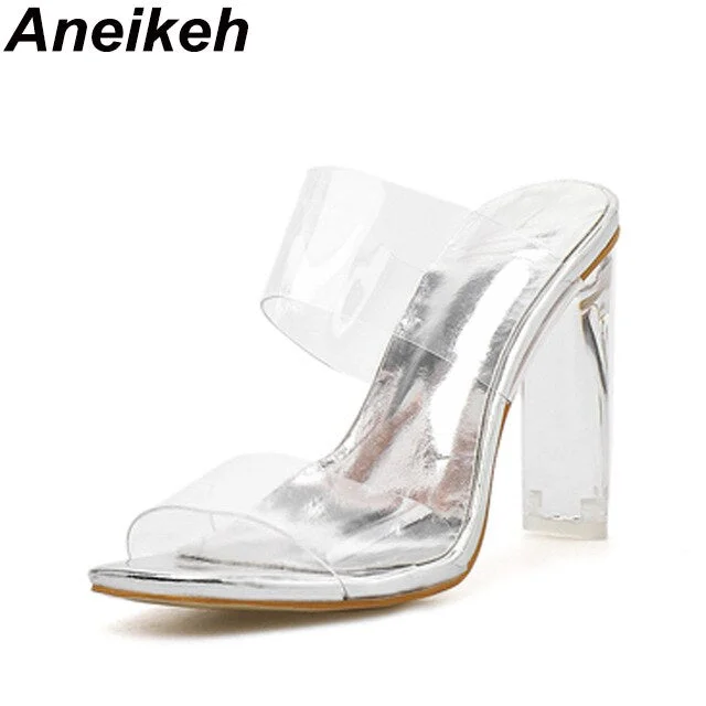 Aneikeh Sexy Slipper Slip On Thin Heels Slides PVC Jelly Slippers Open Toe High Heels Crystal Women Women Transparent Heel Shoes
