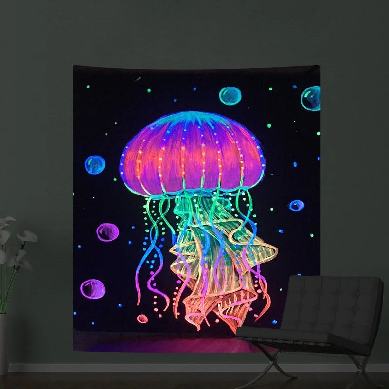 3m*1.8m Fluorescent Tapestry Psychedelic Mushroom Jellyfish Hanging Cloth Home Wall Decoration Glow Under Ultraviolet Light