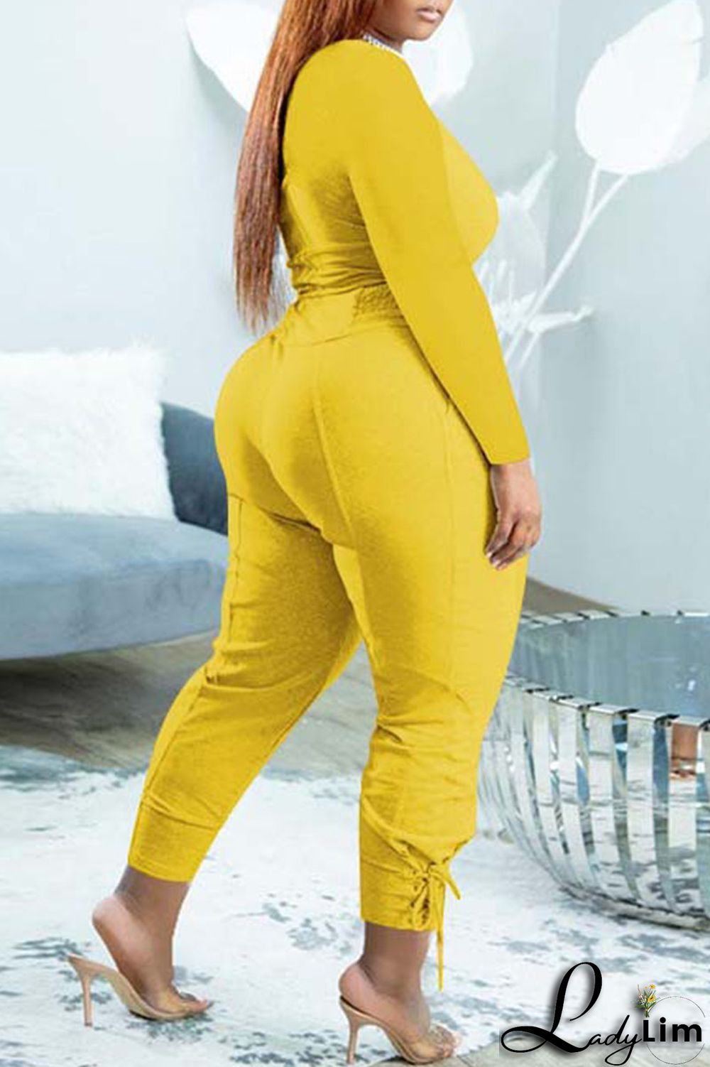 Yellow Casual Solid Bandage Patchwork V Neck Long Sleeve Two Pieces