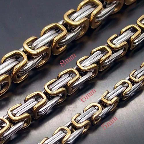 Flat Byzantine Chain Link Necklace for Men Women, 5mm/6mm/8mm Width, 22 inch Length, Stainless Steel Gold/Sliver Plated Mens Bracelet Jewelry