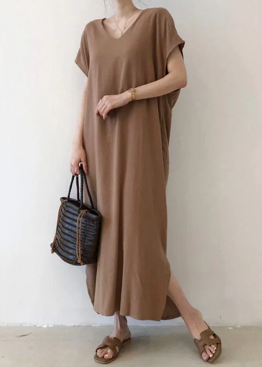Elegant Coffee Side Open Cotton Short Sleeve Long Dresses