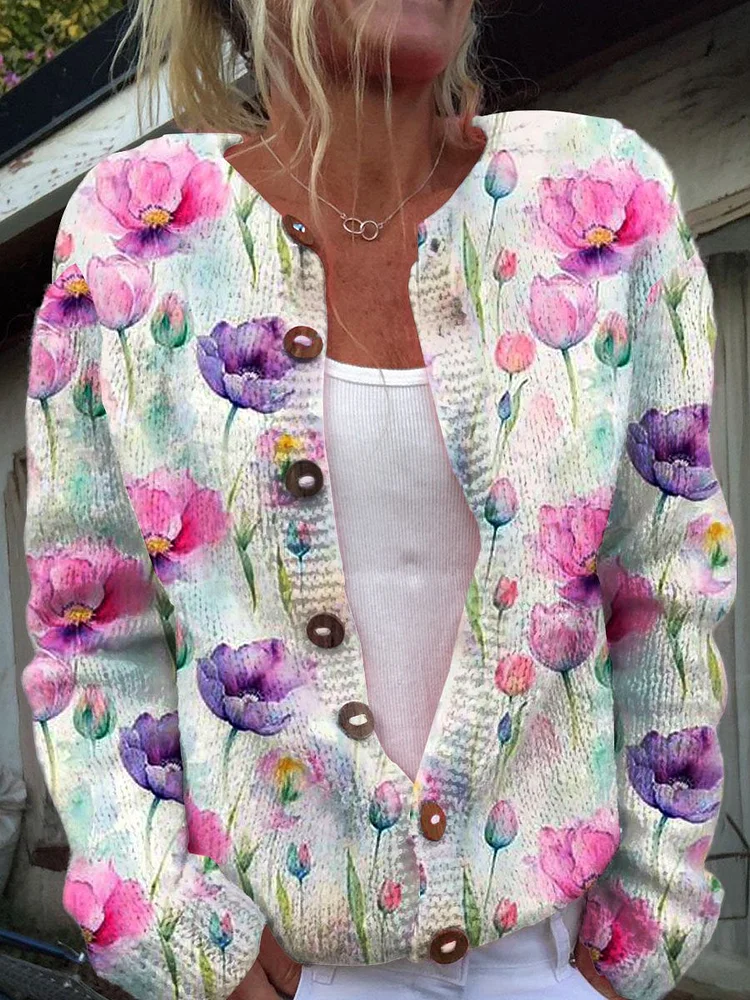 Floral Art  Print Buttoned Cardigan Sweater
