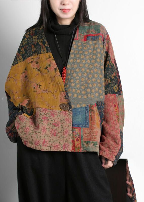 Vintage Colorblock V Neck Patchwork Print Fine Cotton Filled Coats Batwing Sleeve