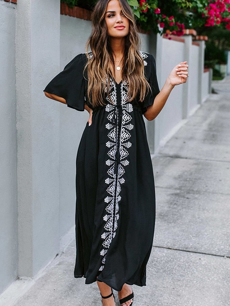 Fitshinling Holiday 2020 Embroidery Long Dress Beach Wear Bohemian Flare Sleeve A Line Pareos Robe Black Sexy Maxi Dresses Women