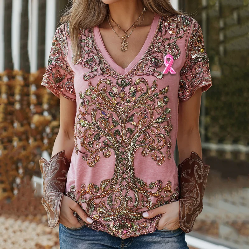 Women's Tree Of Life Breast Cancer Ribbon Casual T-shirt