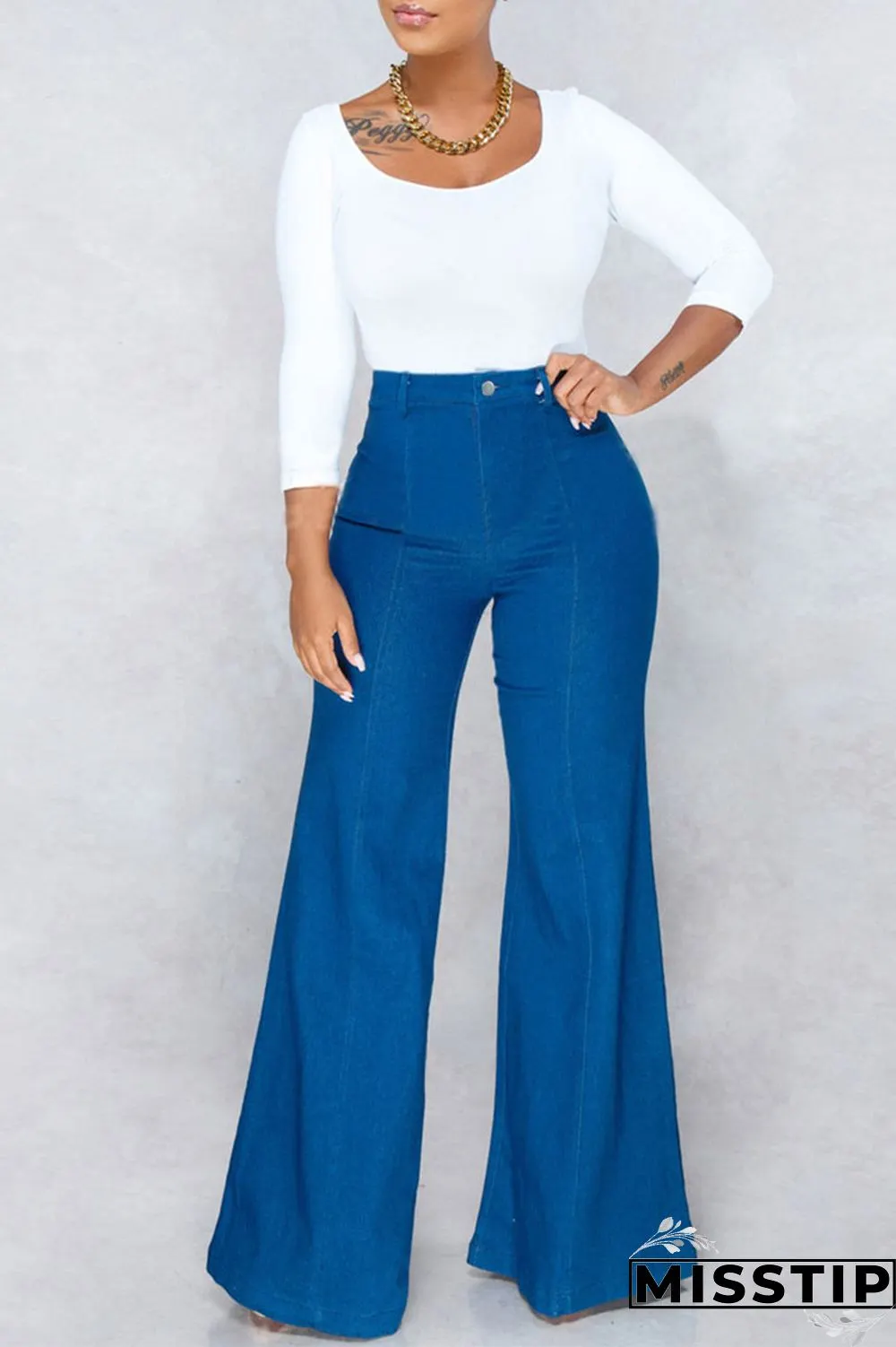 Dark Blue Fashion Casual Solid Basic High Waist Boot Cut Jeans