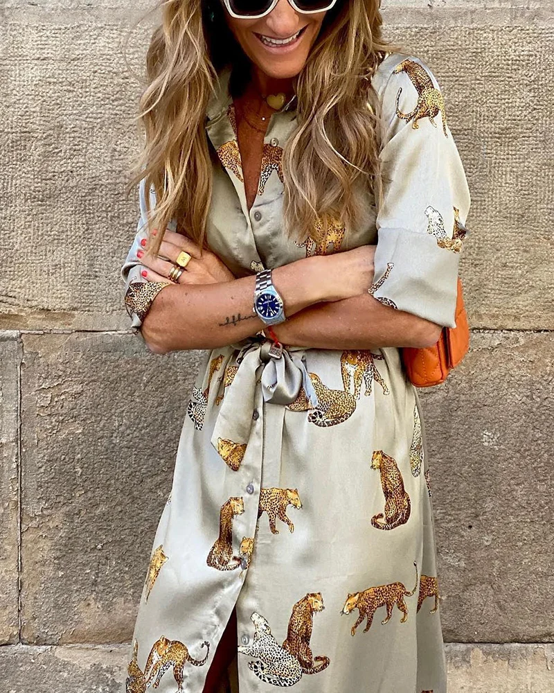 Printed Leopard V-neck Long-sleeved Dress