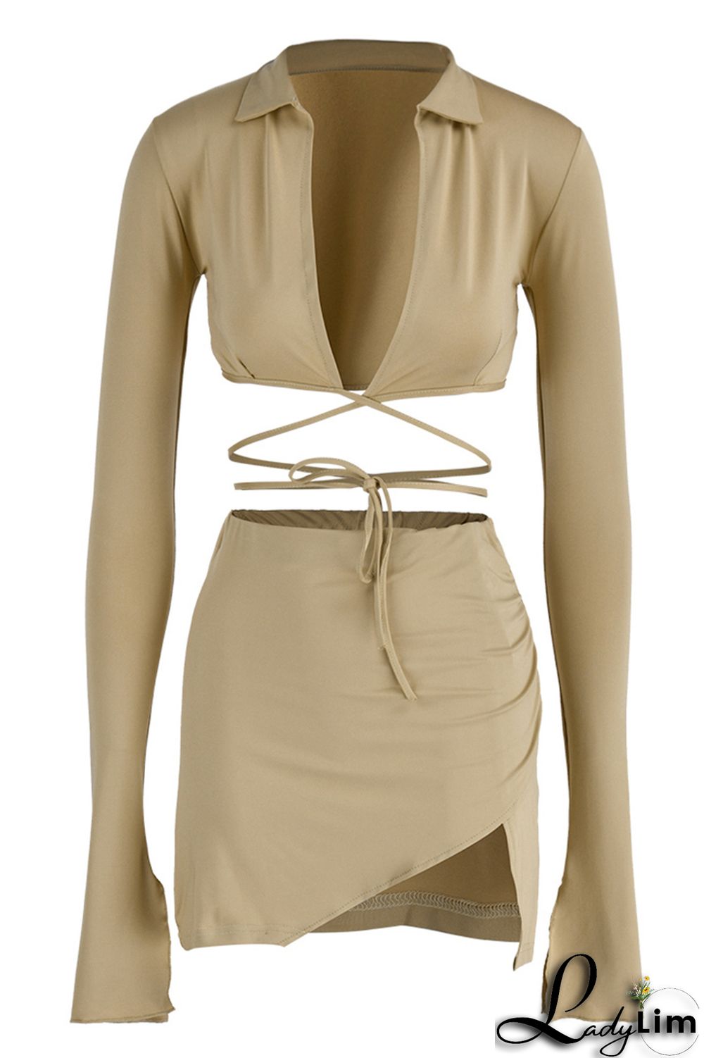 Yellow Fashion Sexy Solid Bandage Slit V Neck Long Sleeve Two Pieces